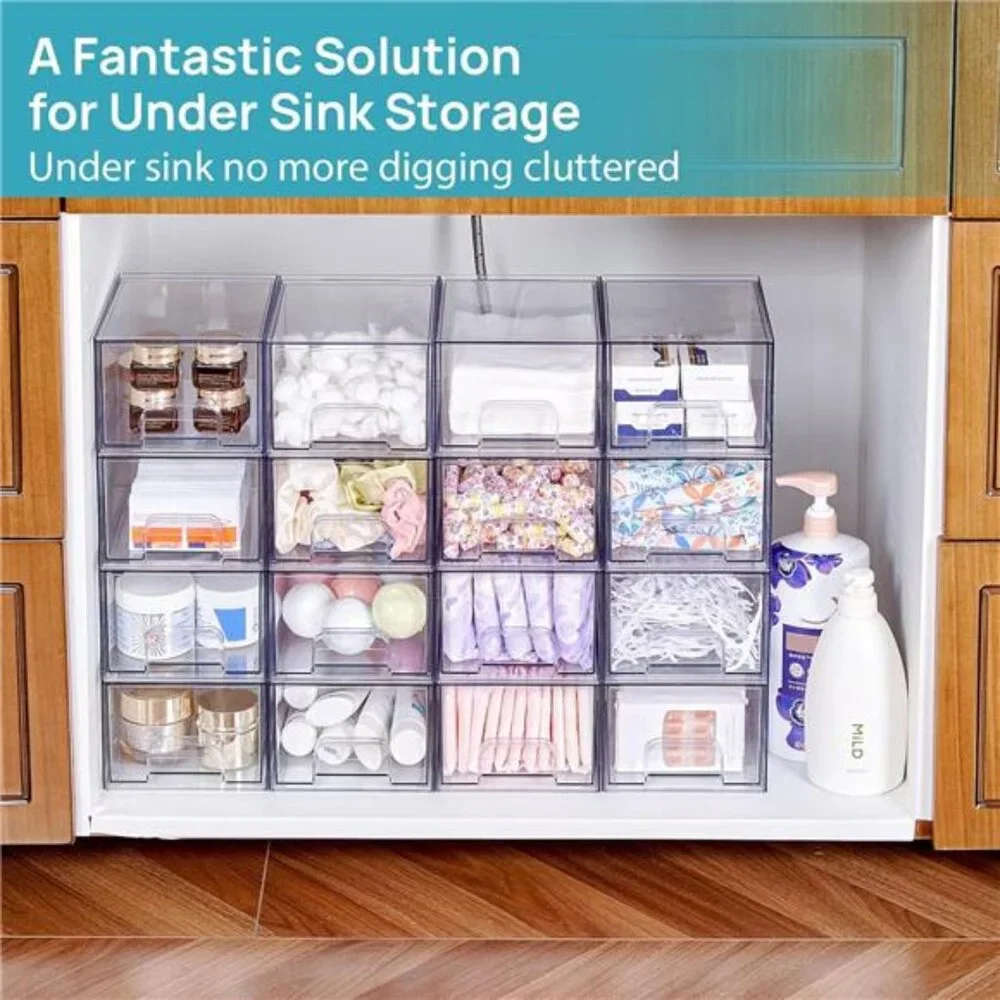 4 Pack Small Clear Stackable Storage Drawers,Acrylic Bathroom Makeup Organizer